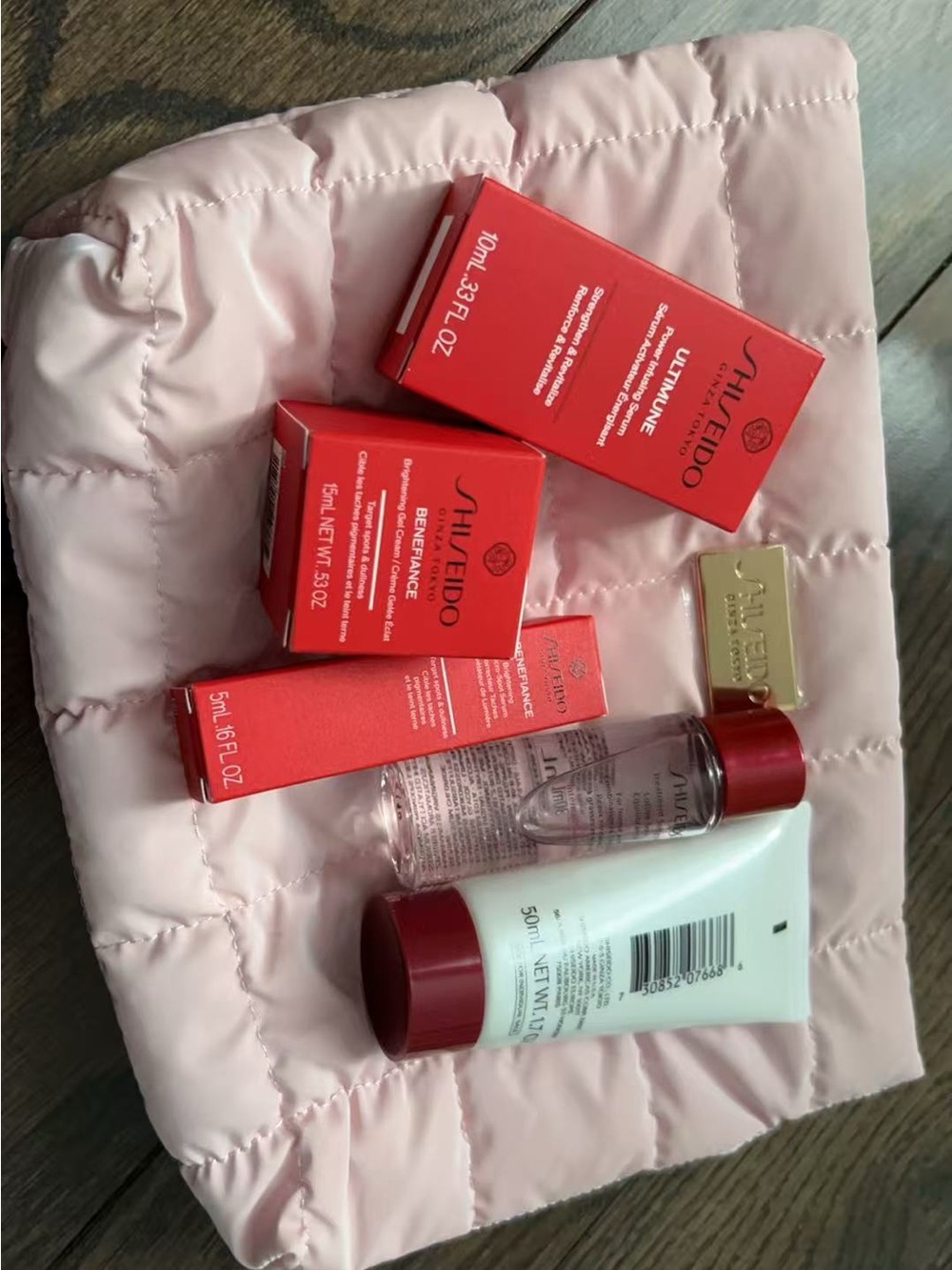 Shiseido Red-Accented Skincare Set on Pink Pouch